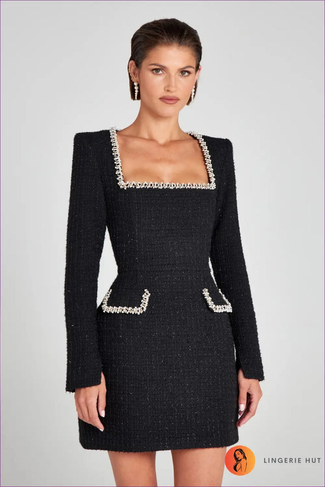 Tweed Mini Dress with Pearl Trim - Modern Evening Elegance