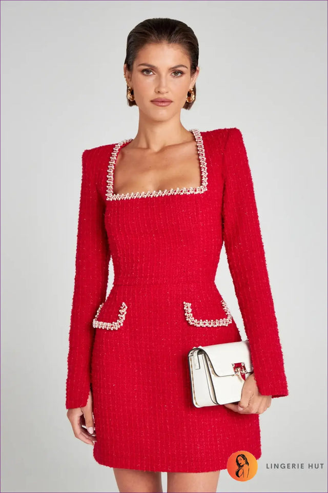Tweed Mini Dress with Pearl Trim - Modern Evening Elegance