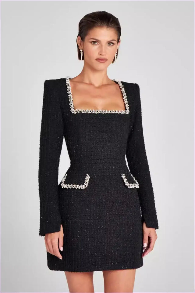 Tweed Mini Dress with Pearl Trim - Modern Evening Elegance