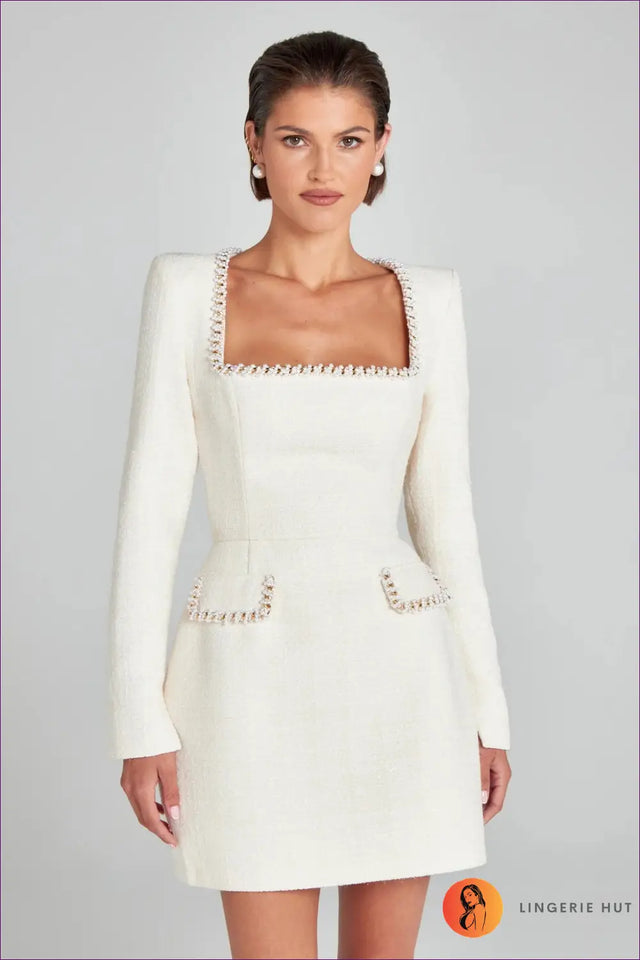 Tweed Mini Dress with Pearl Trim - Modern Evening Elegance