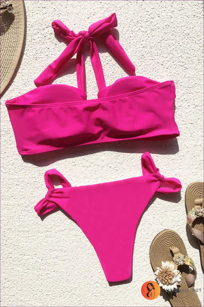 Twist Front Bandeau Bikini with Strappy Detail for Poolside Glam Beachwear, Bikini, Casual, Glamour, Halter