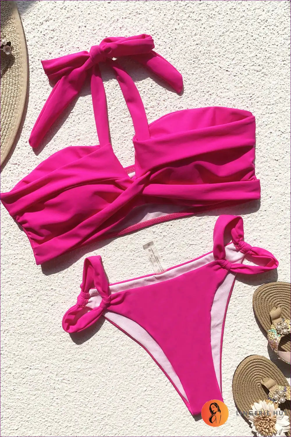 Twist Front Bandeau Bikini with Strappy Detail for Poolside Glam Beachwear, Bikini, Casual, Glamour, Halter