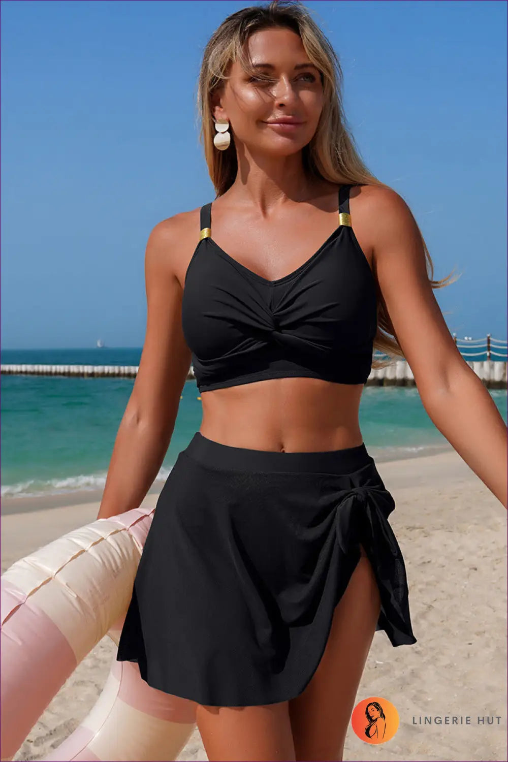 Twist Front Bikini Top with Wrap Skirt - Coastal Escape - s / Black - Beachwear • Boho • just in • Sexy • Summer