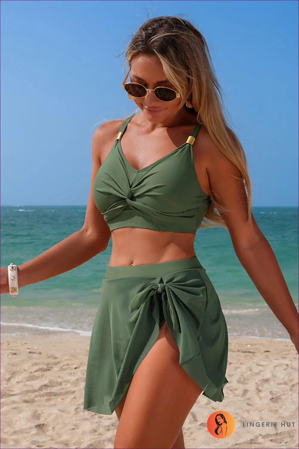 Twist Front Bikini Top with Wrap Skirt - Coastal Escape - s / Army Green - Beachwear • Boho • just in • Sexy • Summer