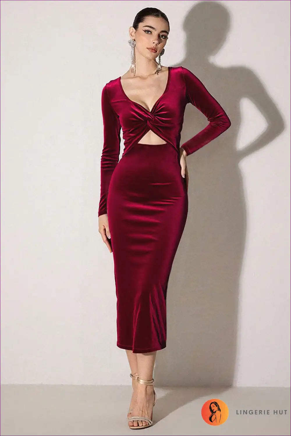 Twist Front Cut-out Midi Dress - Long Sleeve Bodycon for Autumn, Bodycon, Cutout, Formal Wear,