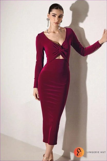 Twist Front Cut-out Midi Dress - Long Sleeve Bodycon for Autumn, Bodycon, Cutout, Formal Wear,