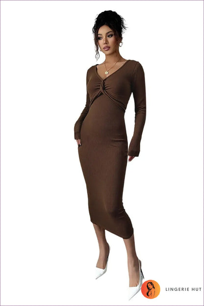 Twist-front Jersey Midi Dress - Understated Elegance - s / Coffee - Dresses - Lingerie Hut - All Season • Autumn