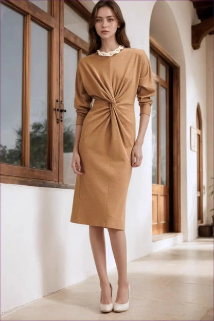 Twist Front Knit Midi Dress with Long Sleeves - Modern Classic for Autumn, Casual, Everyday, Formal Wear,