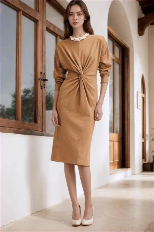 Twist Front Knit Midi Dress with Long Sleeves - Modern Classic for Autumn, Casual, Everyday, Formal Wear,