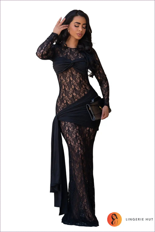 Twist-front Lace Maxi Dress - Asymmetric Drape - s / Black - Bodycon • Clubwear • just in • Miss Siss