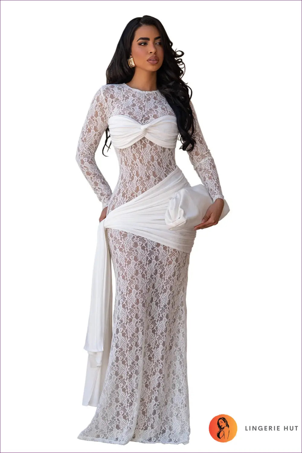 Twist-front Lace Maxi Dress - Asymmetric Drape - s / White - Bodycon • Clubwear • just in • Miss Siss