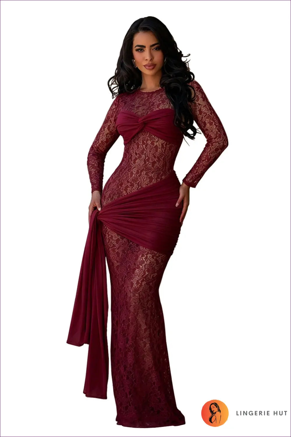 Twist-front Lace Maxi Dress - Asymmetric Drape - s / Wine Red - Bodycon • Clubwear • just in • Miss Siss