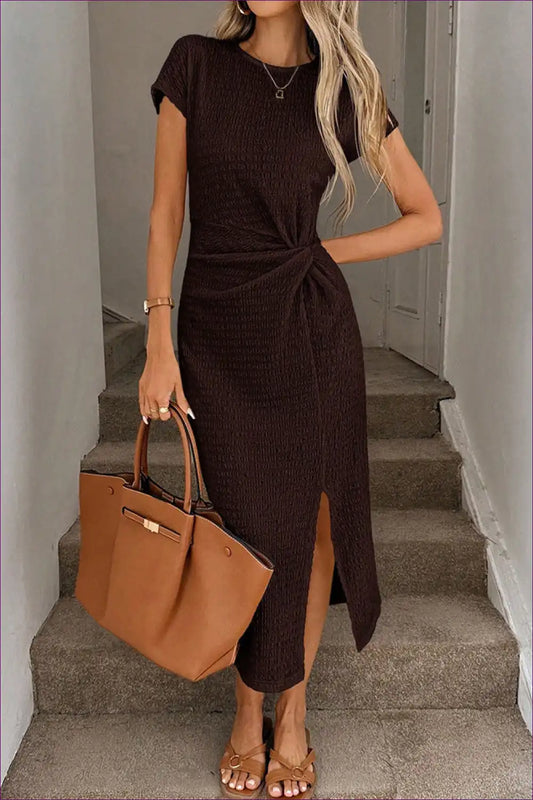 Twisted Front Midi Dress with Short Sleeves - Daywear for A-line, Autumn, Casual, Everyday, Formal Wear