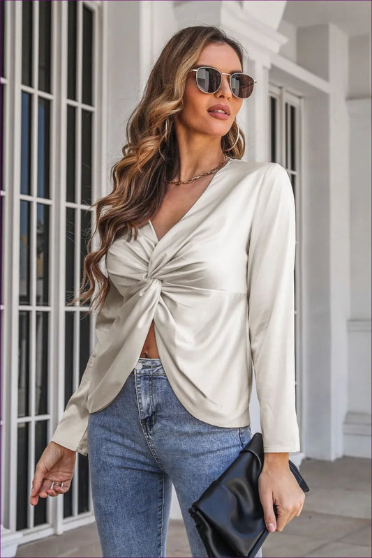 Embrace Elegance And Style With Our Twisted Satin V-neck Shirt. Limited Stock Available! Styling Tip This