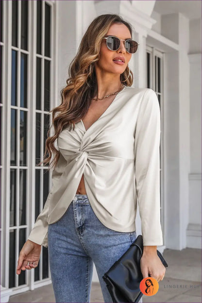 Twisted Satin V-neck Shirt - Effortless Sophistication - s / Khaki - Top - Shirts & Tops - Lingerie Hut - All Season