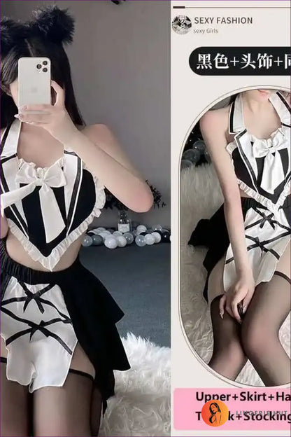 Two-piece Maid Lingerie Set with Flirty Mini Skirt for Costume, just In, Lace, Maid, Mesh