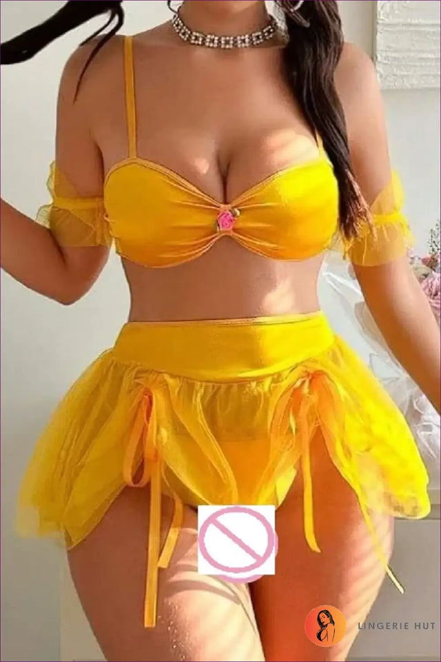 Yellow Mesh Bra and Skirt Set