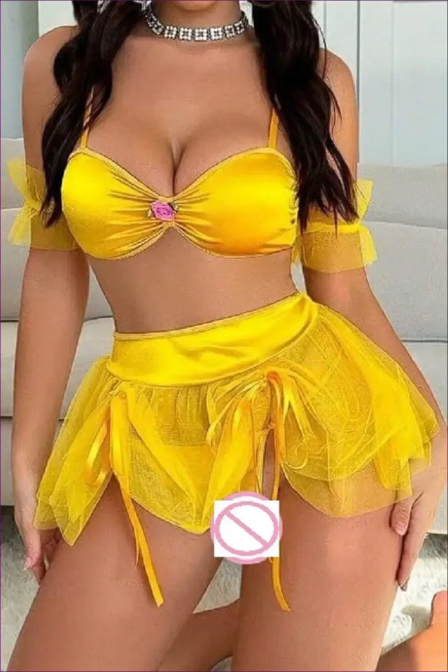 Yellow Mesh Bra and Skirt Set