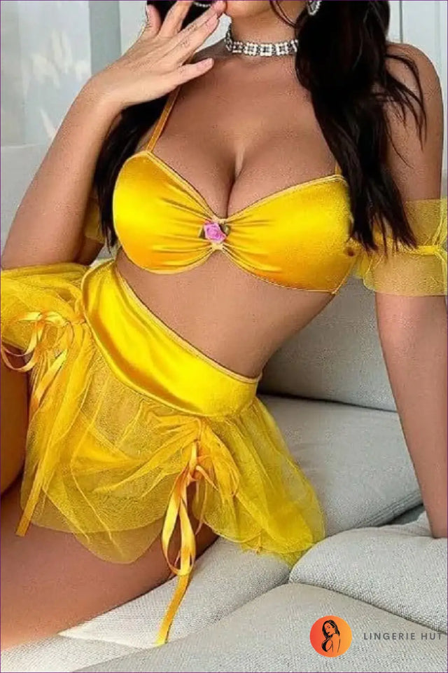 Yellow Mesh Bra and Skirt Set