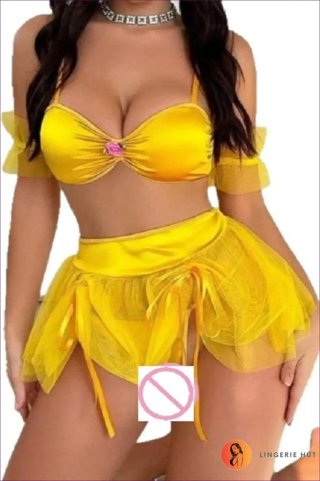 Yellow Mesh Bra and Skirt Set