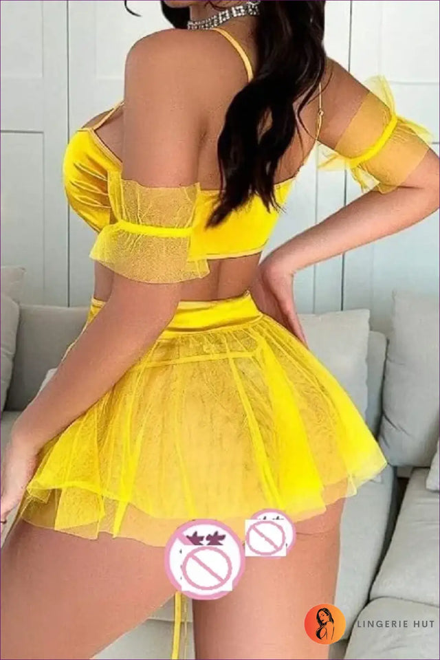 Yellow Mesh Bra and Skirt Set