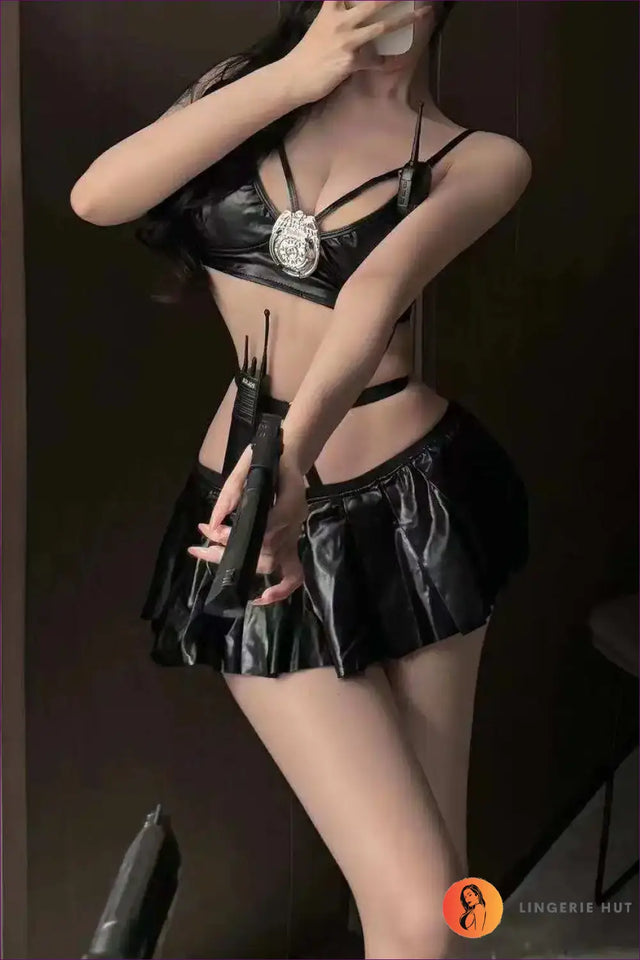 Police Costume with Harness & Pleated Mini Skirt - Fantasy Roleplay Ready