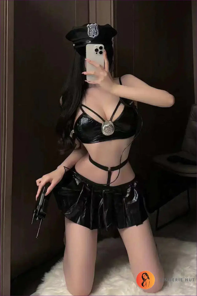 Police Costume with Harness & Pleated Mini Skirt - Fantasy Roleplay Ready