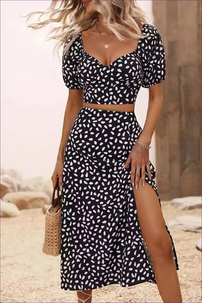 Two-piece Set with Dalmatian Print - Playful Sophistication for A-line, Animal, Casual, co Ord, Crop