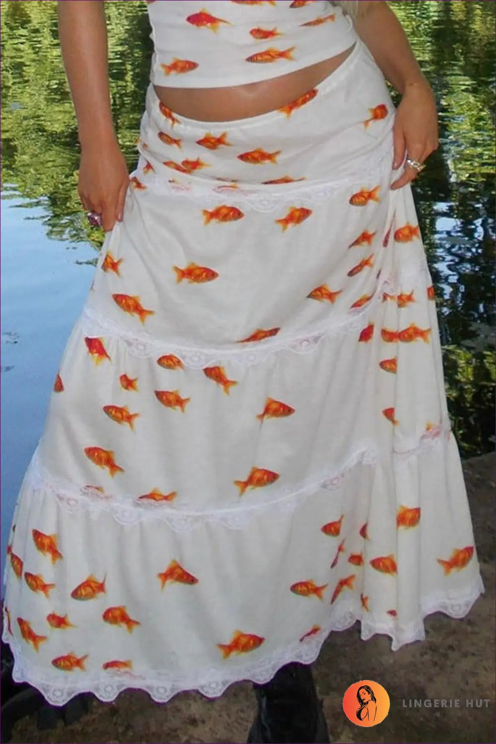Two-piece Set with Fish Print - Whimsical Weekend - s / White Skirt - co Ord - Lingerie Hut - Boho • Casual • Everyday