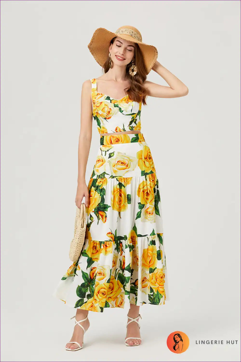 Two Piece Set with Floral Bustier - Festival Chic for A-line, Boho, Casual, co Ord, Crop