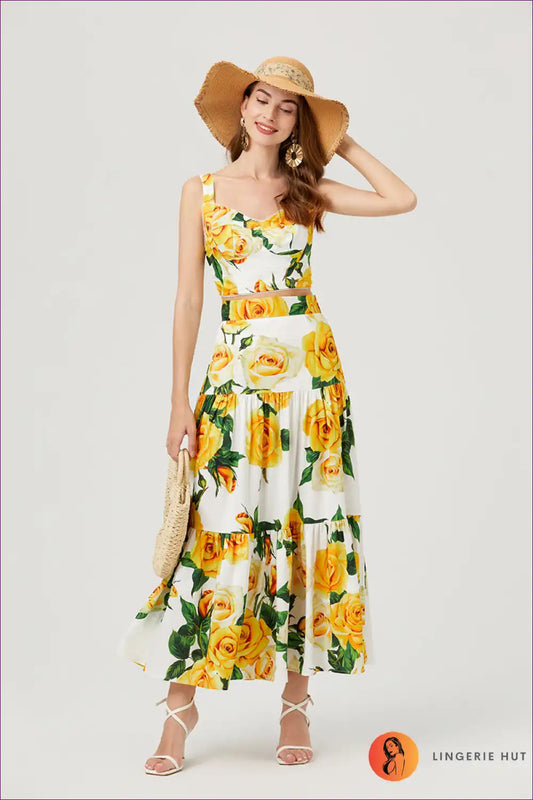 Two Piece Set with Floral Bustier - Festival Chic for A-line, Boho, Casual, co Ord, Crop