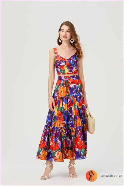 Two Piece Set with Floral Bustier - Festival Chic for A-line, Boho, Casual, co Ord, Crop