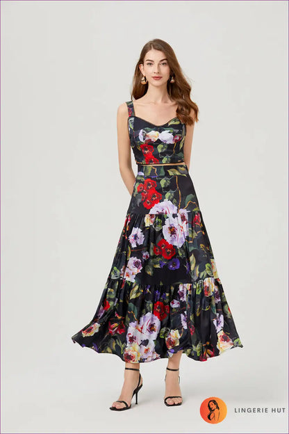 Two Piece Set with Floral Bustier - Festival Chic for A-line, Boho, Casual, co Ord, Crop