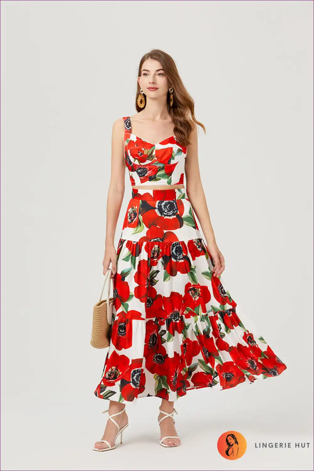 Two Piece Set with Floral Bustier - Festival Chic for A-line, Boho, Casual, co Ord, Crop