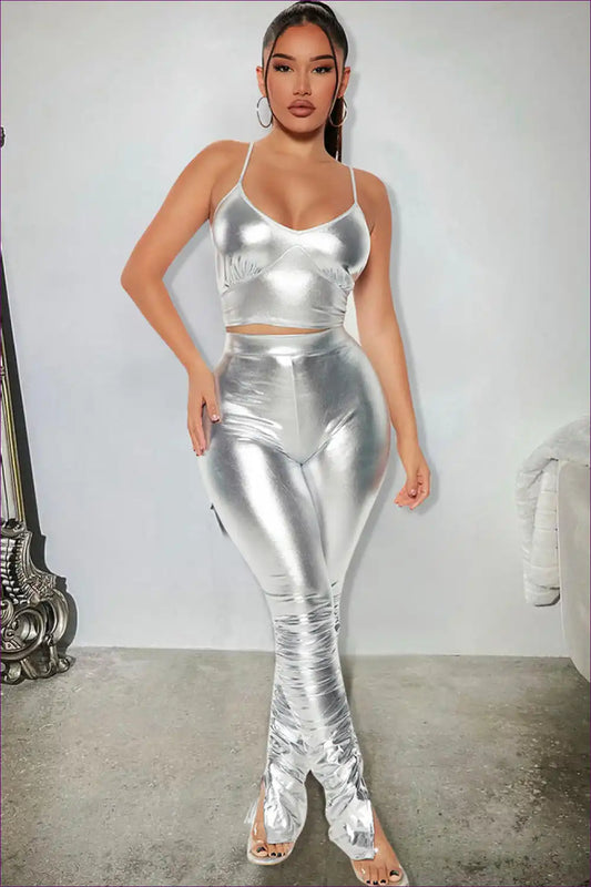 Two-piece Set with Metallic Finish - Statement Evening for All Season, Clubwear, co Ord, Crop, Glamour