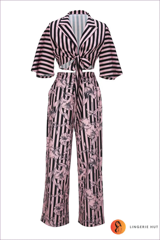 Two Piece Set with Mixed Print and Tie Front - Confident Statement for Boho, Casual, co Ord, Crop, Cutout