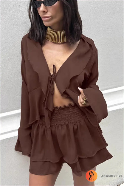 Two Piece Set with Ruffle Sleeves - Romantic Afternoon - s / Brown - co Ord - Lingerie Hut - A-line • Boho • Casual
