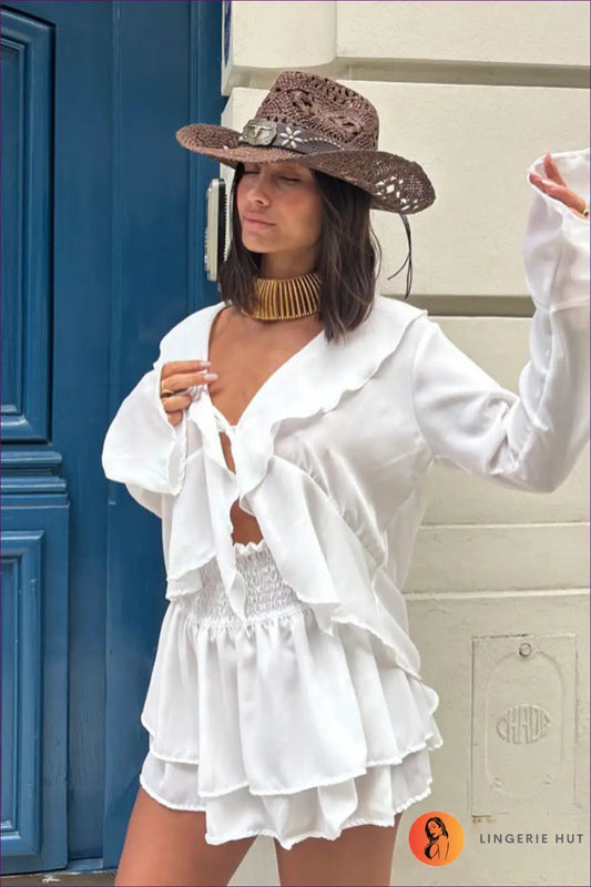 Two Piece Set with Ruffle Sleeves - Romantic Afternoon - co Ord - Lingerie Hut - A-line • Boho • Casual • Chiffon