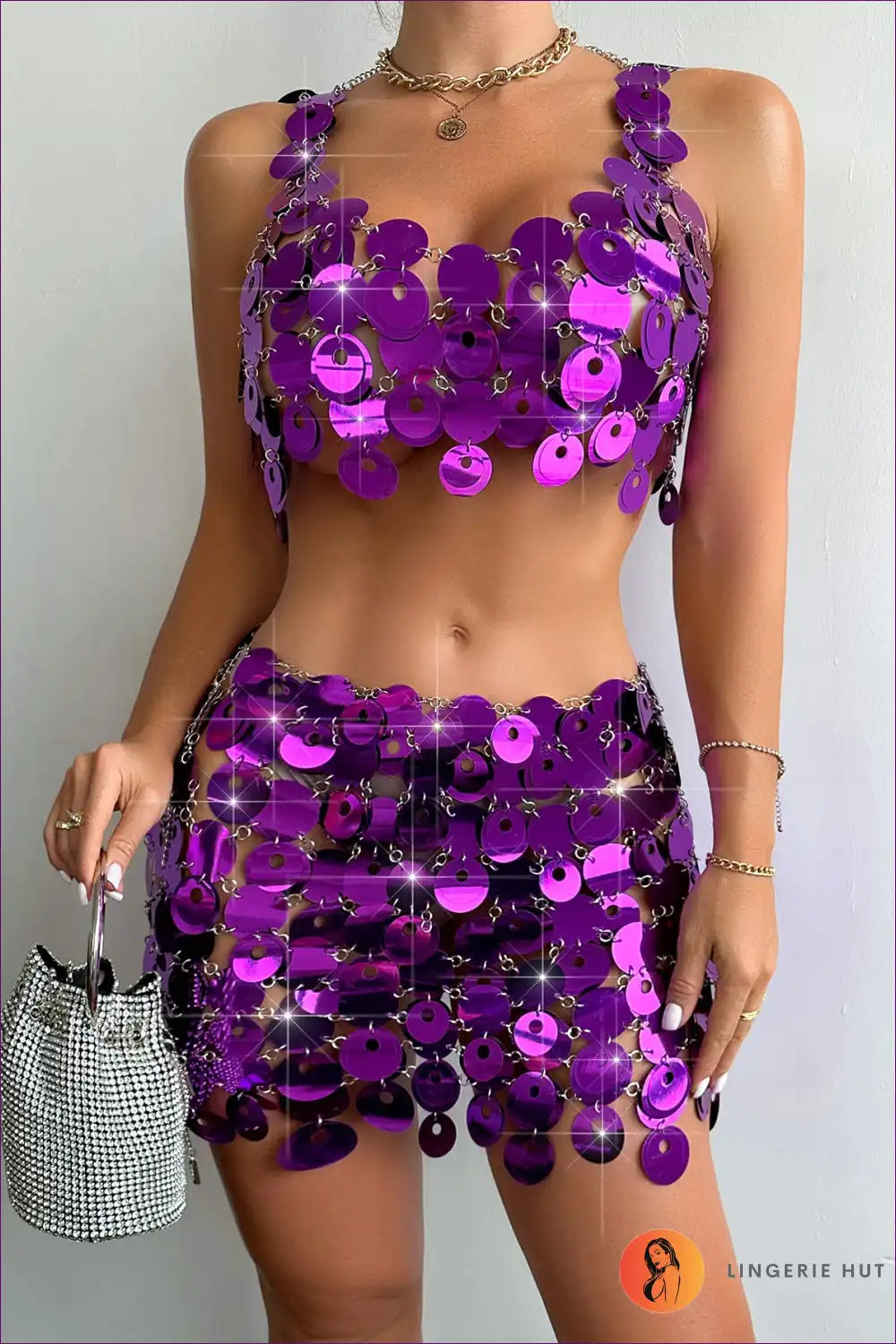 Two-piece Set with Sequin Discs - Disco Glamour for All Season, Clubwear, co Ord, Crop,