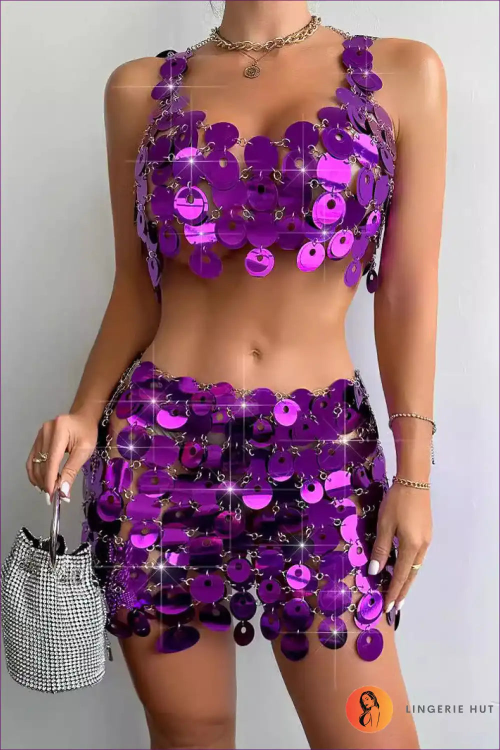 Two-piece Set with Sequin Discs - Disco Glamour for All Season, Clubwear, co Ord, Crop,