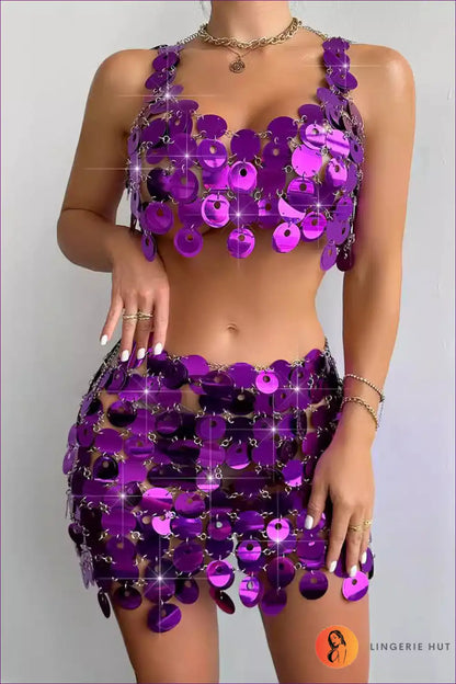 Two-piece Set with Sequin Discs - Disco Glamour for All Season, Clubwear, co Ord, Crop,
