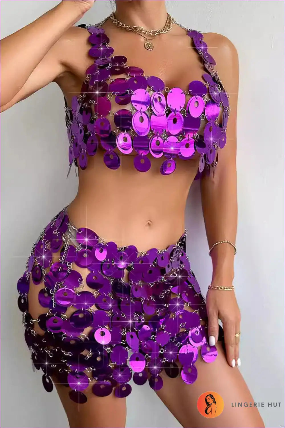 Two-piece Set with Sequin Discs - Disco Glamour for All Season, Clubwear, co Ord, Crop,