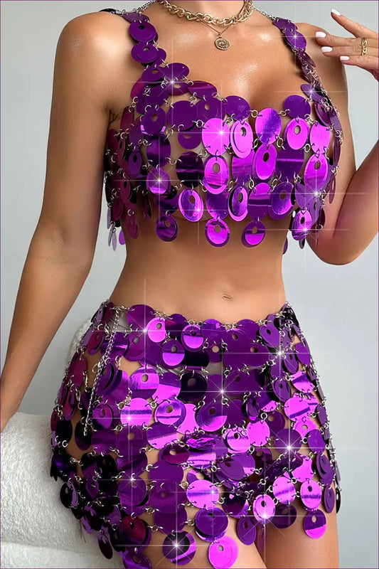 Two-piece Set with Sequin Discs - Disco Glamour for All Season, Clubwear, co Ord, Crop,