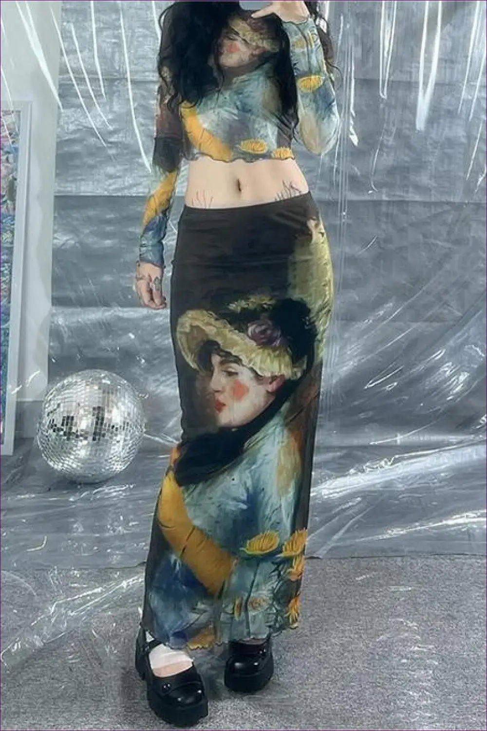 Two-piece Set with Sheer Sleeves - Artistic Expression - co Ord - Lingerie Hut - All Season • Casual • Crop • Evening