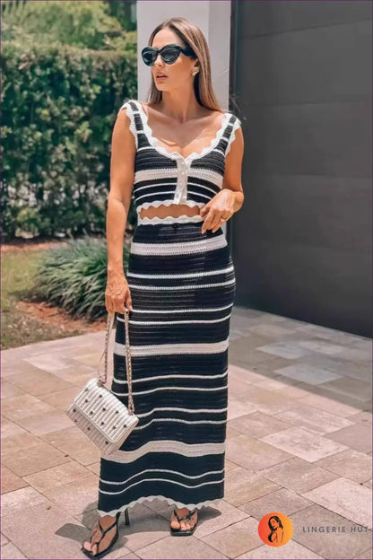 Two Piece Set with Striped Knit Top - Effortless Elegance - co Ord - Lingerie Hut - All Season • Casual • Cotton