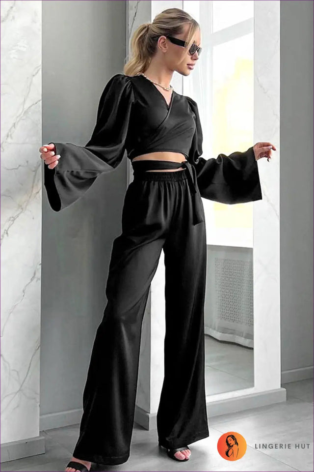 Two Piece Co Ord Set with Wrap Top - Effortless Lounge Luxe