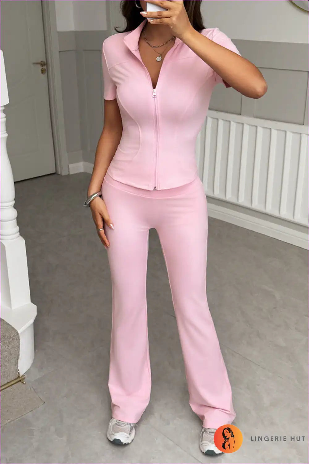 Two-piece Set with Zip-front Top - Athleisure Confidence for Activewear, All Season, Casual, co Ord, Cutout