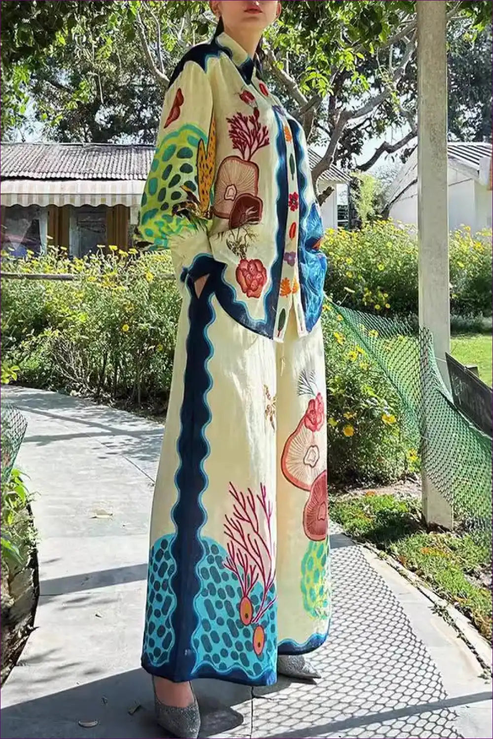 Two-piece Shirt Set with Ocean Print and Wide Trousers for Casual, Everyday, Loungewear, Summer