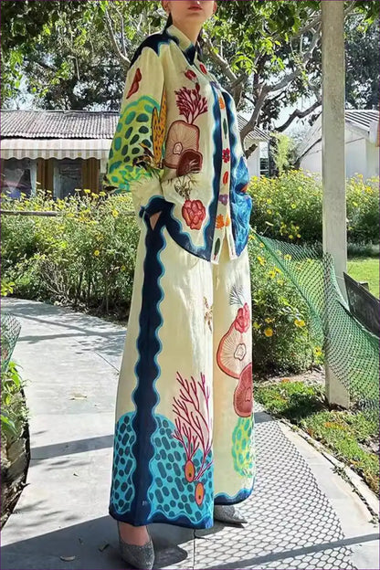 Two-piece Shirt Set with Ocean Print and Wide Trousers for Casual, Everyday, Loungewear, Summer