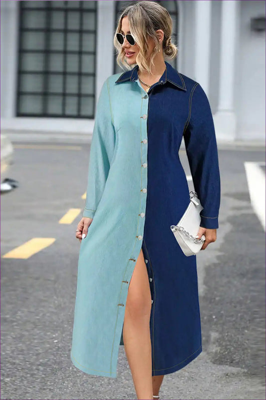 Two-tone Denim Maxi Shirt Dress - Bold Contrast for Everyday Chic Casual, Date Night, Denim, Dress,